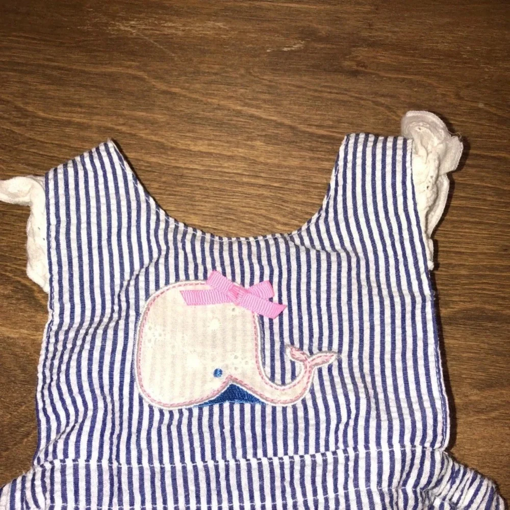 Nursery Rhymes Little Girl 6 Months Preppy Striped Whale Seersucker romper